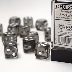 Tärningar - Translucent 16mm d6 Smoke/white Dice Block (12 dice)