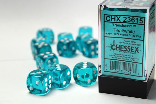 Tärningar - Translucent 16mm d6 Teal/white Dice Block (12 dice)