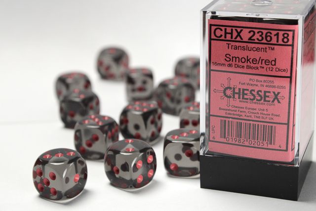 Tärningar - Translucent 16mm d6 Smoke/red Dice Block (12 dice)