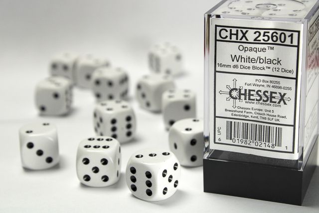 Tärningar - Opaque 16mm d6 White/black Dice Block™ (12 dice)