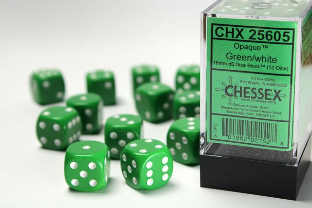 Tärningar - Opaque 16mm d6 Green/white Dice Block™ (12 dice)