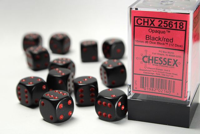 Tärningar - Opaque 16mm d6 Black/red Dice Block