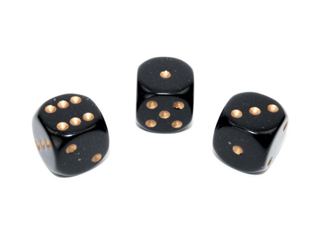 Svarta tärningar med guldfärgade prickar från Chessex | 16mm | D6