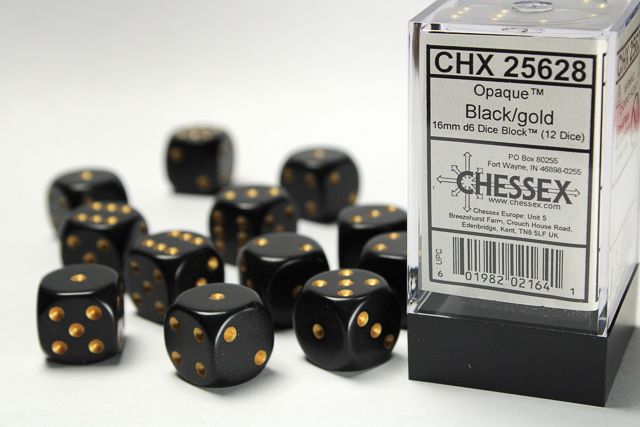 Tärningar - Opaque 16mm d6 Black/gold Dice Block (12 dice)