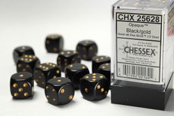 Tärningar - Opaque 16mm d6 Black/gold Dice Block (12 dice)