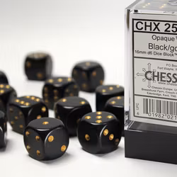 Tärningar - Opaque 16mm d6 Black/gold Dice Block (12 dice)