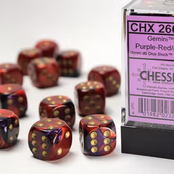 Tärningar - Gemini 16mm d6 Purple/Red/gold Dice Block (12 dice)