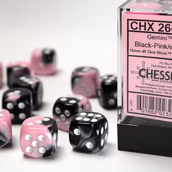 Tärningar - Gemini 16mm d6 Black-Pink/white Dice Block (12 dice)