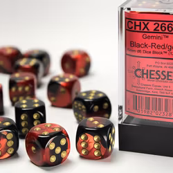 Tärningar - Gemini 16mm d6 Black-Red/gold Dice Block (12 dice)