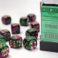 Tärningar - Gemini 16mm d6 Green-Purple/gold Dice Block (12 dice)