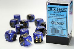 Tärningar - Gemini 16mm d6 Black-Blue/gold Dice Block (12 dice)
