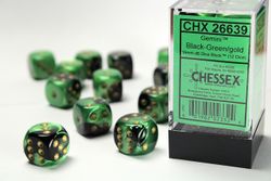 Tärningar - Gemini 16mm d6 Black-Green/gold Dice Block (12 dice)