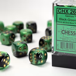 Tärningar - Gemini 16mm d6 Black-Green/gold Dice Block (12 dice)