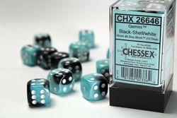 Tärningar - Gemini 16mm d6 Black-Shell/white Dice Block (12 dice)