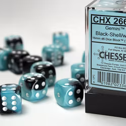 Tärningar - Gemini 16mm d6 Black-Shell/white Dice Block (12 dice)