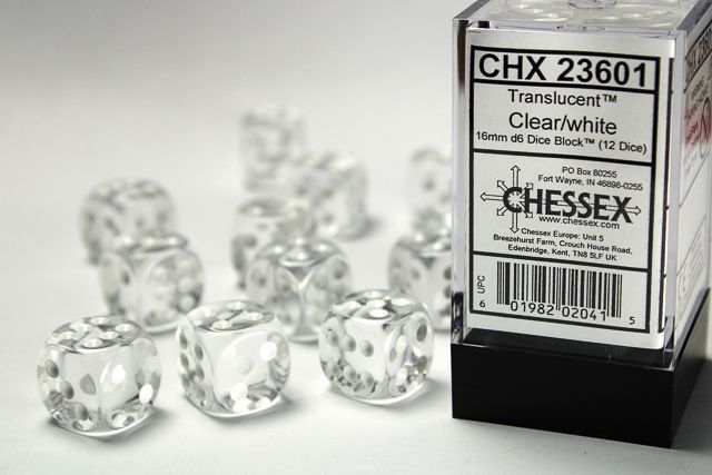 Tärningar - Translucent 16mm d6 Clear/white Dice Block (12 dice)