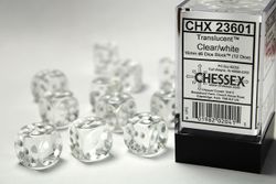 Tärningar - Translucent 16mm d6 Clear/white Dice Block (12 dice)