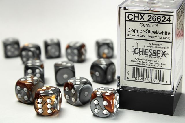Tärningar - Gemini 16mm d6 Copper-Steel/white Dice Block (12 dice)