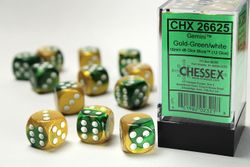 Tärningar - Gemini 16mm d6 Gold-Green/white Dice Block (12 dice)