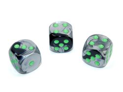 Tärningar - Gemini 16mm d6 Black-Grey/green Dice Block (12 dice)