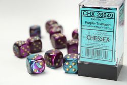 Tärningar - Gemini 16mm d6 Purple-Teal/gold Dice Block (12 dice)