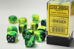 Tärningar - Gemini Green-Yellow/silver 16mm d6 Dice Block (12 dice)