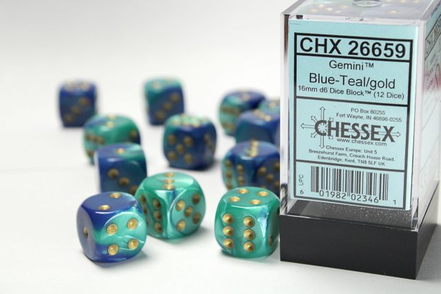 Tärningar - Gemini 16mm d6 Blue-Teal/gold Dice Block (12 dice)