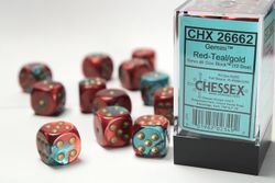 Tärningar - Gemini 16mm d6 Red-Teal/gold Dice Block (12 dice)