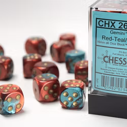 Tärningar - Gemini 16mm d6 Red-Teal/gold Dice Block (12 dice)