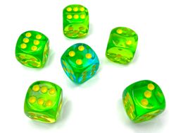 Tärningar - Gemini 16mm d6 Translucent Green-Teal/yellow Dice Block (12 dice)
