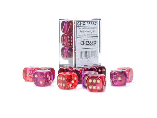 Tärningar - Gemini 16mm d6 Translucent Red-Violet/gold Dice Block (12 dice)