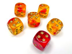 Tärningar - Gemini 16mm d6 Translucent Red-Yellow/gold Dice Block (12 dice)