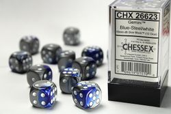 Tärningar - Gemini 16mm d6 Blue-Steel/white Dice Block (12 dice)