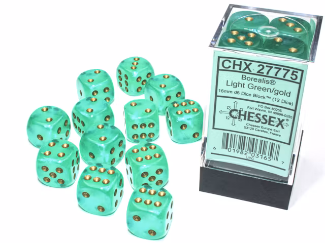Borealis 16mm d6 Light Green/gold Luminary Dice Block (12 dice)