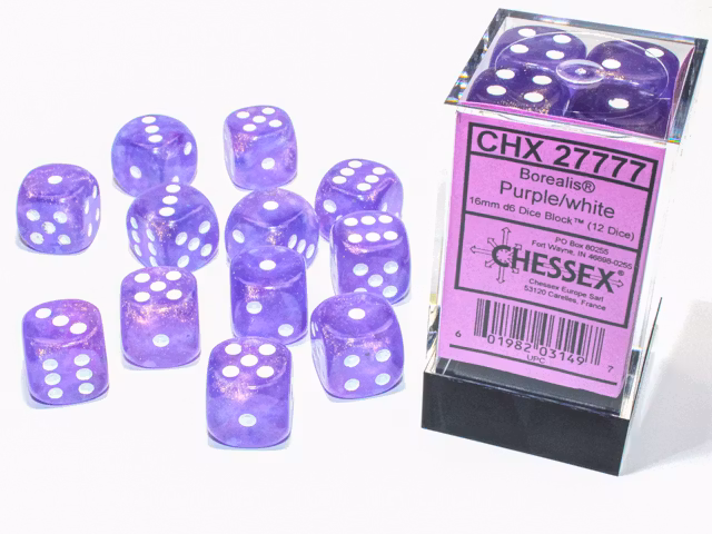 Tärningar - Borealis 16mm d6 Purple/white Luminary Dice Block (12 dice)