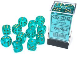 Tärningar - Borealis 16mm d6 Teal/gold Luminary Dice Block (12 dice)