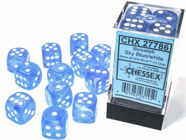 Tärningar - Borealis 16mm d6 Sky Blue/white Luminary 16mm d6 Dice Block (12 dice)