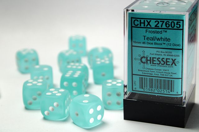 Tärningar - Frosted 16mm d6 Teal/white Dice Block (12 dice)