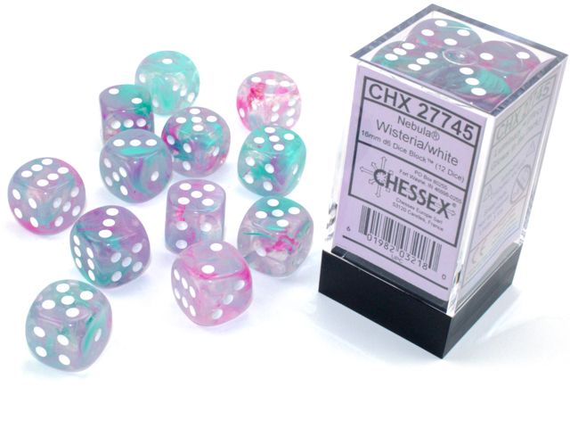Tärningar - Nebula 16mm d6 Wisteria-white Luminary Dice Block (12 dice)