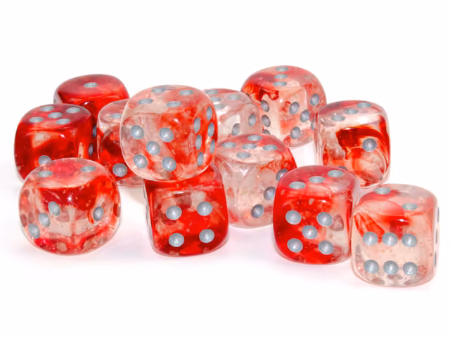 Tärningar i en nebulosa-röd färgmix med vita prickar från Chessex