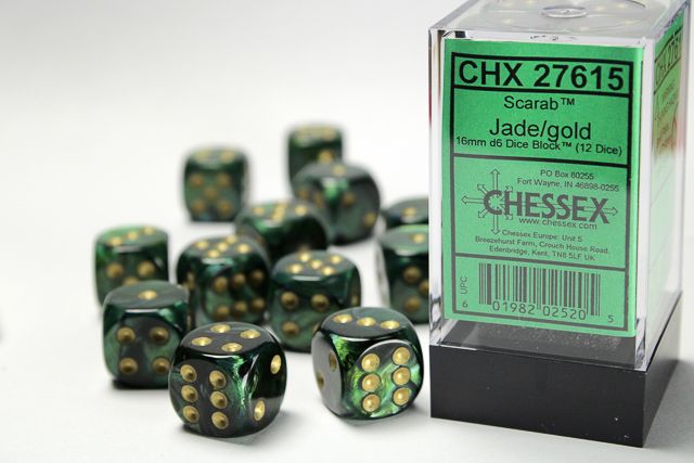 Tärningar - Scarab 16mm d6 Jade/gold Dice Block (12 dice)