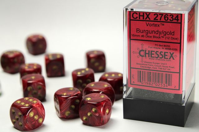 Tärningar - Vortex 16mm d6 Burgundy-gold Dice Block (12 dice)