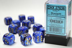 Tärningar - Vortex 16mm d6 Blue/gold Dice Block (12 dice)