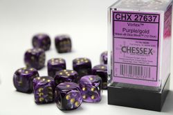 Tärningar - Vortex 16mm d6 Purple/gold Dice Block (12 dice)