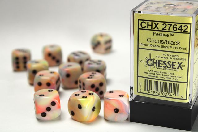 Tärningar - Festive 16mm d6 Circus/black Dice Block (12 dice)
