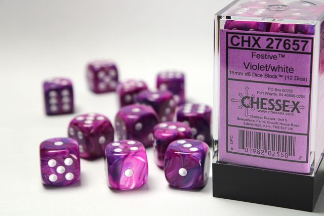 Tärningar - Festive 16mm d6 Violet/white Dice Block (12 dice)