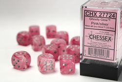 Tärningar - Ghostly Glow 16mm d6 Pink/silver Dice Block (12 dice)