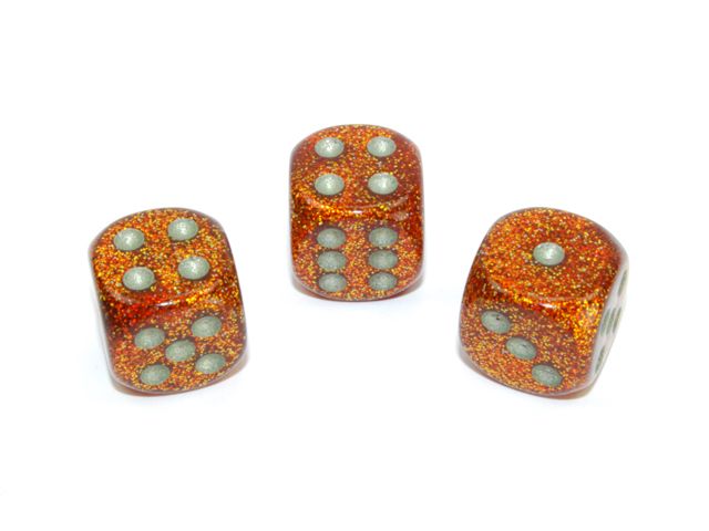 Guldglittriga tärningar med silverfärgade prickar från Chessex | 16mm | D6