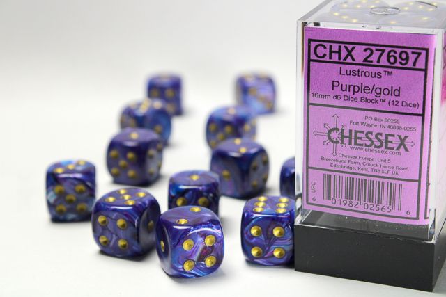 Tärningar - Lustrous 16mm d6 Purple/gold Dice Block (12 dice)
