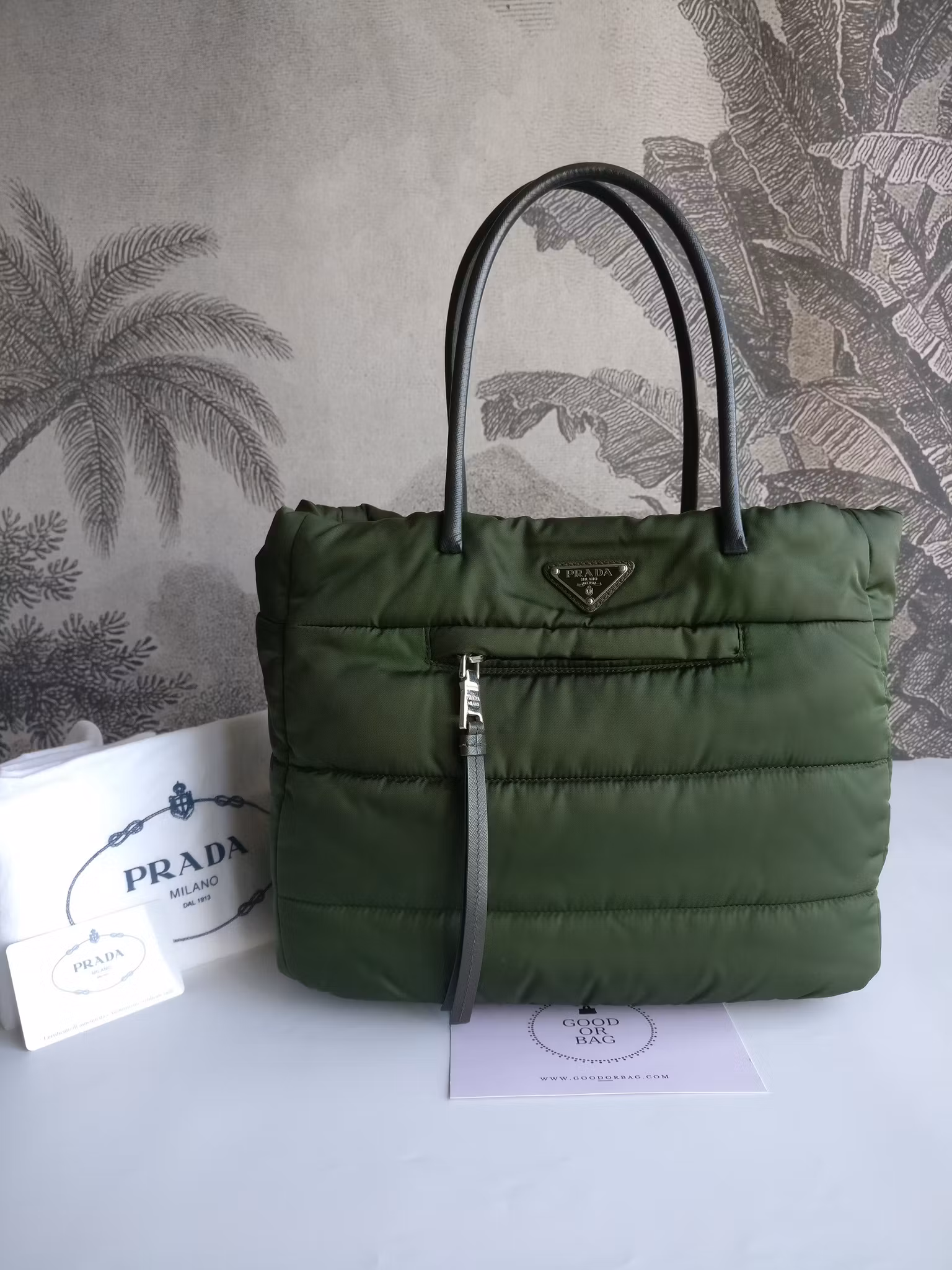 Prada Tessuto Nylon Bomber Tote Khaki